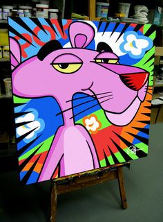 a painting of a pink cat on an easel