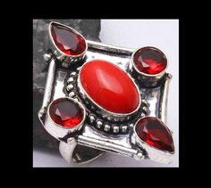 NEW - UNIQUE RED CORAL & GARNET ANTIQUE SILVER RING SIZE 7 #Handmade #Statement Red Stone Setting Ring Gift, Red Stone Setting Ring As Gift, Red Stone Setting Ring For Gift, Garnet Stone Setting Jewelry Gift, Garnet Jewelry With Stone Setting For Gift, Antique Red Jewelry For Gifts, Red Garnet Ring For Gift, Red Stone Jewelry Gift, Red Stone Jewelry For Gifts