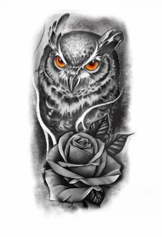 an owl with orange eyes and a rose on it's arm is shown in this tattoo