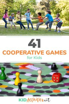 four children playing board games with text overlay that reads 4 cooperative games for kids