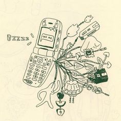 a drawing of a cell phone surrounded by objects