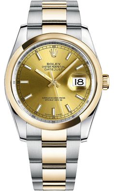 116203 | M116203-0125 ROLEX DATEJUST 36 MEN'S OR WOMEN'S LUXURY WATCH Store Display Model (What's This?) - With Manufacturer Serial Numbers - Swiss Made - Champagne Dial - Solid 18k Yellow Gold Domed Bezel - Date Feature - Self-winding Automatic Chronometer Movement - 6 Year Warranty - Guaranteed Authentic - Certificate of Authenticity - Manufacturer Box & Manual - Solid 18k Yellow Gold with 904L Oystersteel Stainless Steel Case & Oyster Bracelet - Scratch Resistant Sapphire Crystal - 100 Meters / 330 Feet Waterproof - 36mm = 1 1/3" Case, 6" Adjustable Bracelet - Deployment Buckle - Luminescent Hands and Markers - Screw Down Crown & Caseback - Free Bracelet Sizing     Also Known As Model # 116203-CHPSO Rolex Datejust 36mm, Rolex Vintage, Watches Collection, Swiss Army Watches, Oyster Perpetual Datejust, Rolex Watches For Men, Expensive Watches, Best Watches For Men, Rolex Men