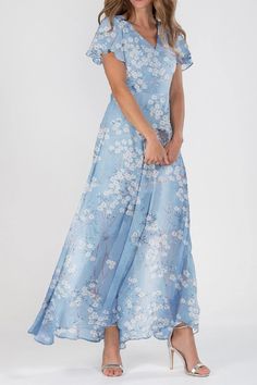 V Neck Short Sleeve Floral Maxi Dress Floral Gala Dress, Floral Dress For Bridesmaid, Blue Short Sleeve Floral Party Dress, Floral Mother Of The Bride Dresses, Blue Floor-length Floral Print Dress, Flutter Sleeve Dresses With Floral Print For Dress-up, Modest V-neck Floral Print Dress, Teaching Wardrobe, Elegant Blue Floral Print V-neck Dress