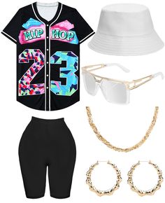 PRICES MAY VARY. 【80s 90s Neon Costumes & Accessories Set】Includs 6 accessories, baseball jersey shirt x1, yoga pants x1, bucket hat x1, artificial gold rope chain x1, hip hop glasses x1, 1 pair of earrings. This complete outfit and accessory set is perfect for any 80s 90s-themed party, allowing you to stand out and express your hiphop style. 【Bright Colored Accessories】Bright and colorful colors make you stand out at parties in the 80s 90s. Baseball jersey shirt, short sleeve yoga pants, and mo 90s Fashion Outfits Hip Hop Party Women, Casual Short Sleeve Baseball Jersey For Spring, Casual Baseball Jersey With Graphic Print For Streetwear, Casual Black Baseball Jersey For Summer, Casual White Baseball Jersey For Summer, Black Short Sleeve Baseball Jersey For Summer, Casual Spring Baseball Jersey With Short Sleeves, Outfits From The 90s Hip Hop Baddie, Casual Baseball Jersey With Graphic Print