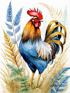 a painting of a rooster standing in the middle of tall grass and ferns with blue leaves around it