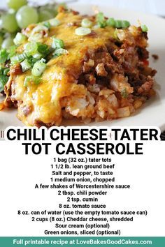 a menu for a cheese tater tot casserole