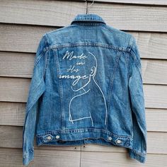 Made in His image ✝️ #customjacket #jesus #madeinhisimage #denimjacket #handpainted #unique #ootd Casual Cotton Denim Jacket With Custom Artwork, Long Sleeve Cotton Denim Jacket With Custom Artwork, Trendy Cotton Denim Jacket With Custom Artwork, Custom Artwork Long Sleeve Cotton Denim Jacket, Casual Hand Painted Cotton Denim Jacket, Blue Hand Painted Denim Jacket, Hand Painted Fitted Cotton Denim Jacket, Hand Painted Blue Cotton Denim Jacket, Hand Painted Cotton Denim Jacket For Streetwear