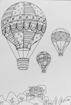 three hot air balloons in the sky with trees and mountains behind them, one is black and white