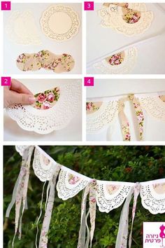 the instructions for how to make a lace doily banner with flowers and ribbons on it