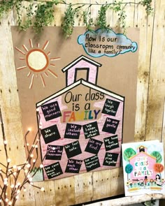 a bulletin board is displayed in front of a wooden fence with an image of a church on it