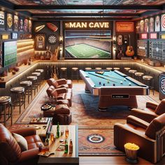 Experience the ultimate man cave, featuring a pool table, a huge flat-screen TV, plush leather recliners, and a fully-stocked bar. Enjoy classic games on the vintage arcade machine or challenge friends to darts or foosball. Snacks are always handy with a popcorn machine and fully-stocked mini-fridge. The cave is decorated with guitars, sports posters and warm, inviting colors. #ManCave #GameRoom #EntertainmentHub #SportsBar #ArcadeGames #UltimateRelaxation Arcade Room In House, Basement Arcade, Basement Music Room, Man Cave Arcade, Gaming Arcade, Sports Pool, Basement Designs, Cave Room, Pool Table Room