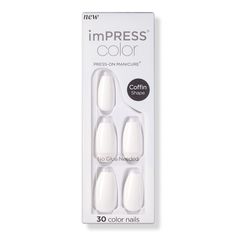 imPRESS Solid Color Medium Press On Nails -  Your every day manicure just got easier! Say goodbye to nail polish with KISS imPRESS Medium length Solid Color Press On Nails, in the most popular solid shades, no bling or accents. With PureFit Technology, nails are super slim and super comfortable-just press on & go!    Features     Solid color white nails are medium length and coffin shaped Application takes minutes Super slim & comfortable PureFit Technology Super Hold adhesive keeps nails secure Kiss Press On Nails, Impress Nails, Medium Coffin, Kiss Nails, Coffin Press On Nails, Clear Nail Polish, Clear Nails, Clean Nails, Artificial Nails