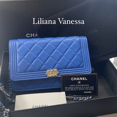 100% Authentic Chanel Lambskin Boy Woc Wallet On Chain Hardware Color Gold Bag Color Blue Condition Excellent Inclusions: Box,Dust Bag, Authenticate Card And Instructions Of Care No Stains No Signs Of Use Chanel Boy Woc, Gold Bag, Wallet On Chain, Chanel Boy, Chanel Bag, Dust Bag, Color Blue, Chanel, Bag Lady