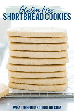 gluen free shortbread cookies stacked on top of each other with text overlay