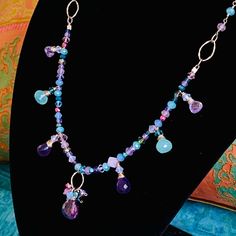 An Absolutely Gorgeous Artisan Gemstone Necklace, Handmade With A Delicate Rainbow Of Soft Blues, Purples & Pinks That Shimmer In The Light & Add Exquisite Beauty To Your Dresses & Tops. With Genuine Amethyst, Blue Chalcedony, Jade, Swarovski Crystals, Cubic Zirconia & Sterling Silver Chain & Components. Closure Is By Adjustable Chain Clasp At The Back. The Necklace Measures Approx. 17”-18” Long. Brand New. Nwt Hammered Necklace, Long Necklace Boho, Pandora Necklace, Statement Collar Necklace, Bff Necklaces, Bubble Necklaces, Costume Necklaces, Handmade Beaded Necklaces, Swarovski Crystal Necklace