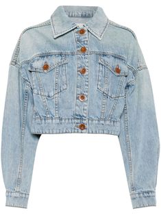 powder blue cotton washed denim classic collar front button fastening two chest flap pockets long sleeves straight hem cropped Chloe 2024, Yoko London, City Dress, Cropped Denim Jacket, Summer Beach Wear, Washed Denim, Cropped Denim, Lady Dior, Powder Blue