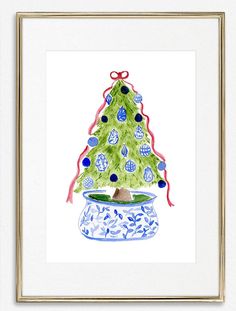 a watercolor painting of a christmas tree in a pot