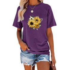 [PREMIUM/EXCELLENT MATERIAL] Anbech sunflower women's T-shirt is crafted from Cotton Blended. It feels as good as looks, stretchable, soft, wrinkle-free, breathable, comfortable, and friendly to your skin. [PRESHRUNK DESIGN]  Through a shrinking process to prevent further shrinking after washing or cleaning. Wash and wear our T-shirts again and again without worry. The lightweight design is preshrunk for a lasting, true fit. [CLASSIC CREW NECK] Flattering fit with just enough space for your neck Graphic Butterfly, Patriotic Tee Shirts, Sunflower Shirt, Women Graphic, Short Sleeve Shirt Women, Girls Summer Outfits, Comfy Tops, Casual Design, Tops Fall