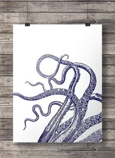 an octopus poster hanging on a wooden wall