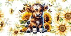 a painting of a baby cow surrounded by sunflowers