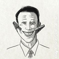 a drawing of a man with a pen in his mouth