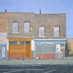 a painting of an old brick building with boarded up windows