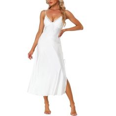 This midi nightgown has no Chest Pads. This satin sleep dress for women is soft, lightweight, breathable and comfortable to wear as.This dress designed with solid color and v-neck makes the sleepwear nice but elegant, and you have different color choice to match it with your heart. No matter the cozy bedtime, casual home relax, laze afternoon, comfy bath, the soft and lightweight women's nightdress could company with you all the time. It's good choice to be a perfect gift for your mom, wife, dau V-neck Slip Dress For Spring Sleepover, Summer V-neck Sleepwear For Wedding Night, Elegant Summer Nightgown For Loungewear, Summer V-neck Slip Dress For Bedtime, White Spaghetti Straps Slip Dress For Loungewear, Spring Loungewear Slip Dress With Spaghetti Straps, Summer Solid Color Nightgown For Loungewear, Solid Color Summer Nightgown For Loungewear, White Cami Slip Dress For Sleep