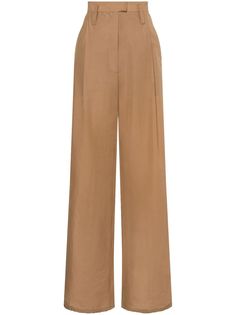 beige cotton blend pleat detailing high waist belt loops concealed front fastening two side slit pockets wide leg Yoko London, Versace Outfit, Lorenzo Serafini, High End Fashion, Pants Outfit, Wide Leg Trousers, Straight Leg Pants, Waist Belt, All Fashion