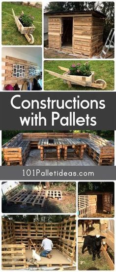 wooden pallets with the words construction with pallets written on them and pictures of people working