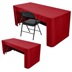 a red table with two black chairs and a red cover over it for privacy from the sun