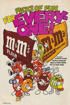 an old advertisement for m & m's from the early 1960s, with cartoon characters