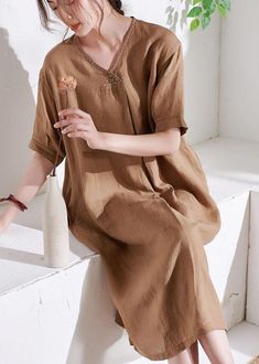 Casual Apricot V Neck lantern Sleeve Summer Linen Sundress Half Sleeve - SooLinen Linen Sundress, Linen Tshirts, Leather Floral, Summer Linen, Comfortable Room, Spring Shirts, Lantern Sleeve, Cup Size, Lantern Sleeves