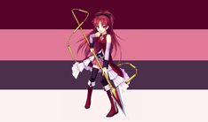 an anime character with long hair holding a bow and arrow in her hand, standing against a pink and purple striped background