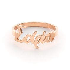 Every proud Greek needs a Greek name ring in her jewelry box. Customize it with your name, or choose your favorite Greek word to create a ring that is uniquely yours. Guaranteed to garner compliments, you'll want to wear this Greek name ring every day. Personalized 14k Gold Rings With Initials, Personalized Initials 14k Gold Rings, Customizable 14k Gold Jewelry For Promise, Customizable 14k Gold Promise Jewelry, Engraved Rose Gold Rings For Personalized Gift, Personalized Engraved Rose Gold Ring, Personalized Name Ring In Yellow Gold, Classic Rings With Custom Name For Personalized Gift, Promise Ring With Custom Nameplate