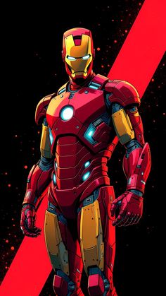 an iron man standing in front of a red and black background