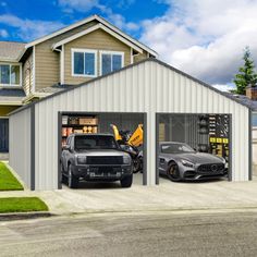 two cars are parked in front of a garage