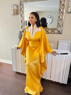 This super gorgeous kaftan has an added beaded embellished appliqué on the neckline. This dress is the perfect definition of a luxury kaftan. Fun and easy to wear. Beaded Kaftan Dress, Yellow Abaya, Luxury Kaftan, Somali Clothes, Roses Outfit, Divine Woman, Africa Fashion Woman, Boubou Styles, Lace Kaftan