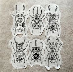 six stickers with black and white images of bugs on them, all in different designs