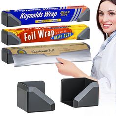 a woman pointing at three different types of wraps on her fingers and two boxes with them