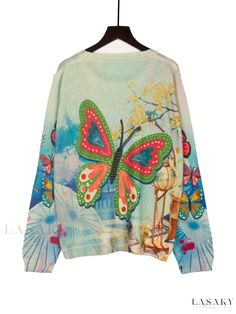 Lasaky - Womens Vintage Long Sleeve Pullover Sweater with Butterfly Pattern and Crew Neck Design - A Stylish Addition to Your Wardrobe Vintage Long Sleeve, Long Sleeve Pullover Sweater, Butterfly Pattern, Sleeve Detail, Pattern Blocks, Vintage Fabric, Long Sleeve Pullover, Neck Designs, Pullover Sweater