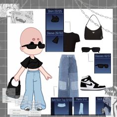 the paper doll is wearing blue jeans and black shoes