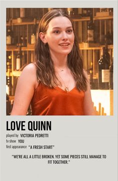 a woman standing in front of a bar with wine bottles behind her and the caption love quinn