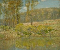 a painting of trees and water in the foreground