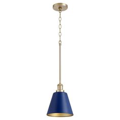 a brass and blue pendant light with a chain hanging from the bottom, on an isolated white background