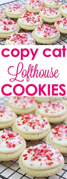 some cookies with sprinkles are on a cooling rack and the words copycat lofthouse cookies above them