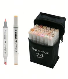 a black case holds 24 markers and a marker pen with the words touch room on it