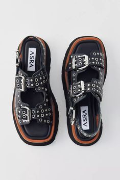 ASRA London Sabre Buckle Platform Sandal | Urban Outfitters Black Studded Sandals, Trendy Sneakers For Women, 2024 Shoes, Closet Wishlist, Funky Shoes, Footbed Sandals, Shoe Inspo, Stylish Sandals, Slingback Sandals