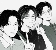 three young men are posing for the camera with their fingers in the shape of two peace signs