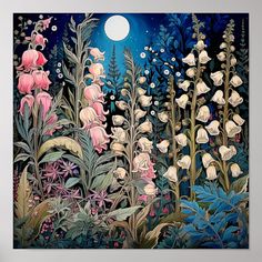 a painting of flowers and plants in the night sky