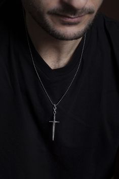 Sterling Silver Sword Necklace #pittiuomo Cross Necklace For Men Silver, Silver Cross Necklace Mens, Punk Grunge Fashion, Necklace Airplane, Gold Airplane Necklace, Aviation Jewelry, Airplane Jewelry, Military Necklace, Airplane Necklace